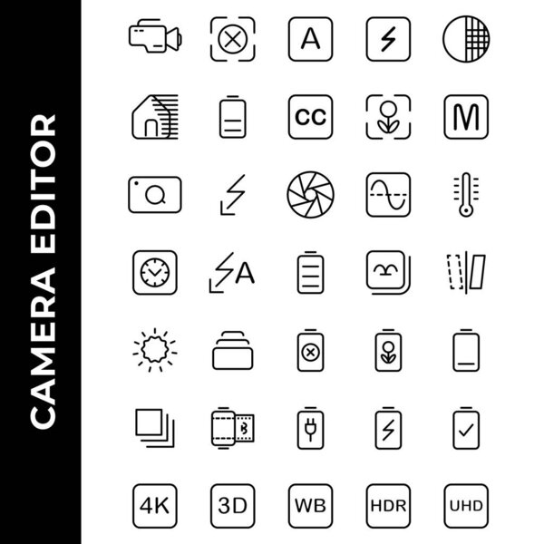 camera editor icon set include camera, flash, photo filter, power, resolution, gallery, image, battery