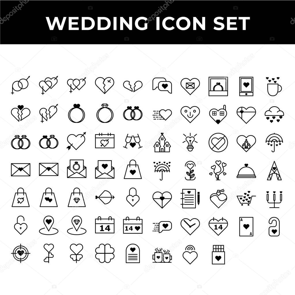 wedding icon set include cake, bride, love, heart, church, camera, set, icon, vector, marriage, bouquet, groom, music, gift, dress, champagne, celebration, envelope