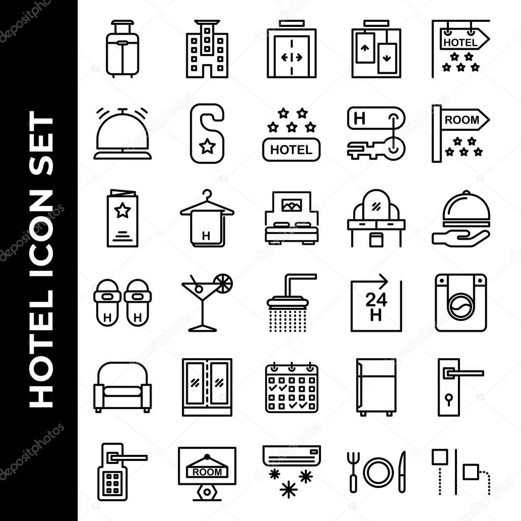 Hotel icon set include suitcase, hotel, elevator, bell, door hanger, hotel rating, key hotel, room, menu, towel, bed, table, delivery, slippers, shower, laundry, armchair, furniture, booking