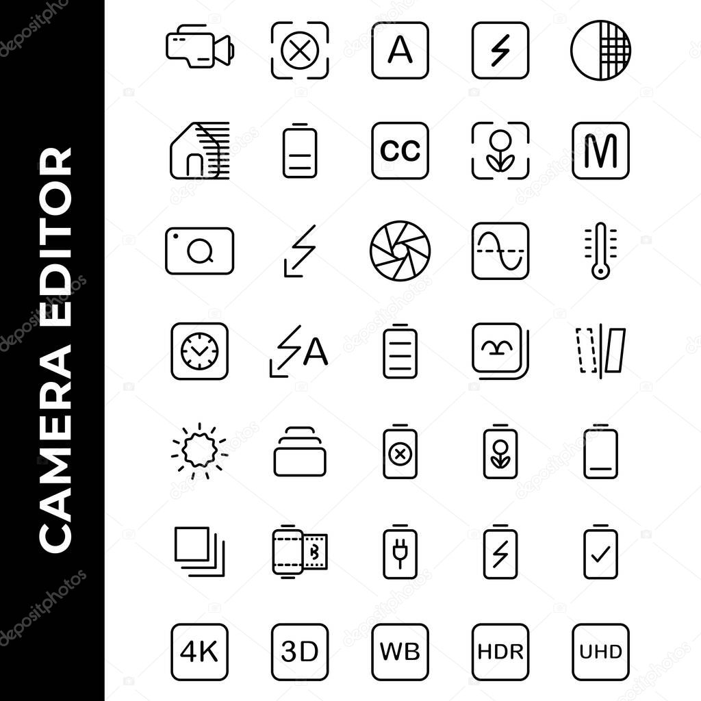 camera editor icon set include camera,flash,photo filter,power,resolution,gallery,image,battery