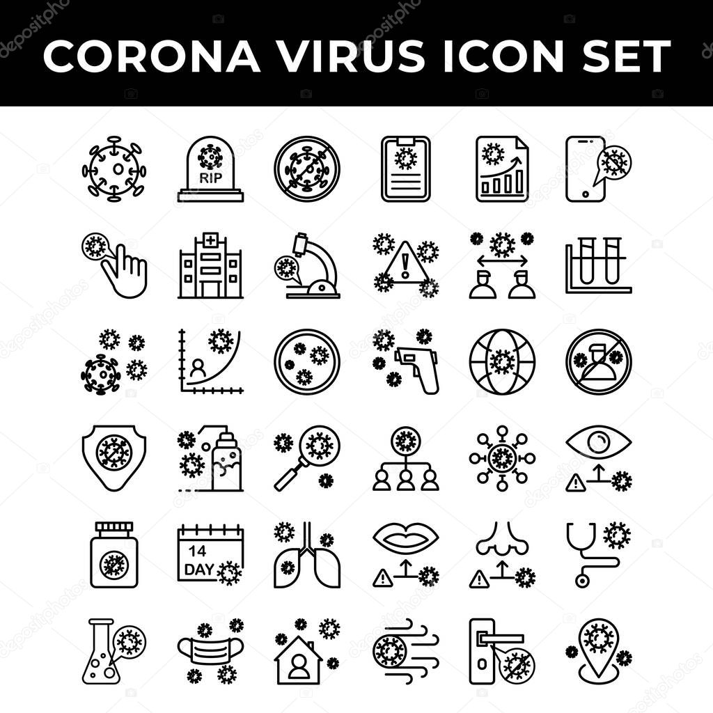 corona virus icon set include corona virus, infection, mask, medical, disease, vector, flu, line, symbol, pandemic, protection, epidemic, medicine, hand, quarantine, temperature