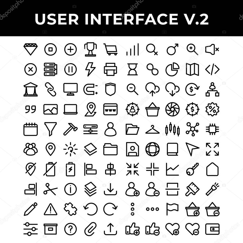user interface icons set include diamond,pause,plus,achievement,shopping,cross,data base,pause,energy,printer,law,chain,computer,magnet,layer,archive,battery,align,scissor,info,layer,download