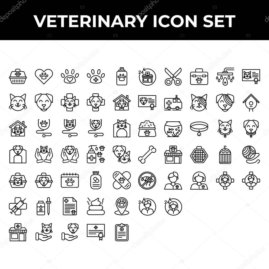 veterinary icon set include carrier, love, paw, clinic, shampoo, cat, dong, stethoscope, medic, house, animal lover, pet, calendar, medication, flee, paper, poop, pin, pet clinic, pet lover