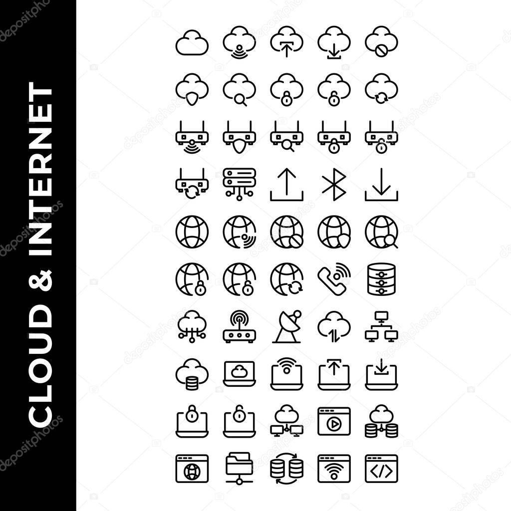 cloud and internet icon set include wifi,upload,download,remove,shield,search,padlock,sync,protect,blue tooth,server,web,block,phone,computing,database,satellite,modem,transfer,lan,web,security