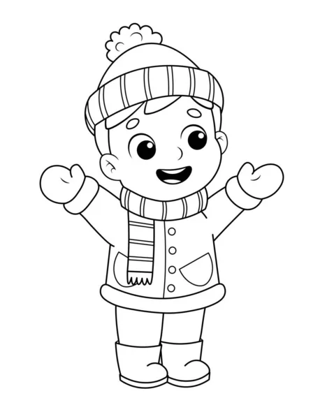 Página Para Colorear Lindo Niño Dibujos Animados Ropa Invierno Libro — Vector de stock