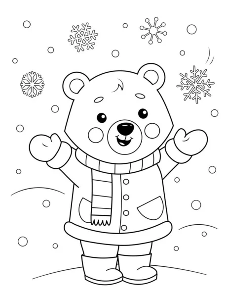 Malseite Eines Niedlichen Cartoon Teddybären Winterkleidung Der Den Schnee Genießt — Stockvektor