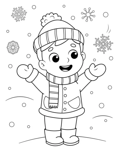 Malseite Eines Niedlichen Zeichentrickkindes Winterkleidung Das Den Schnee Genießt Malbuch — Stockvektor