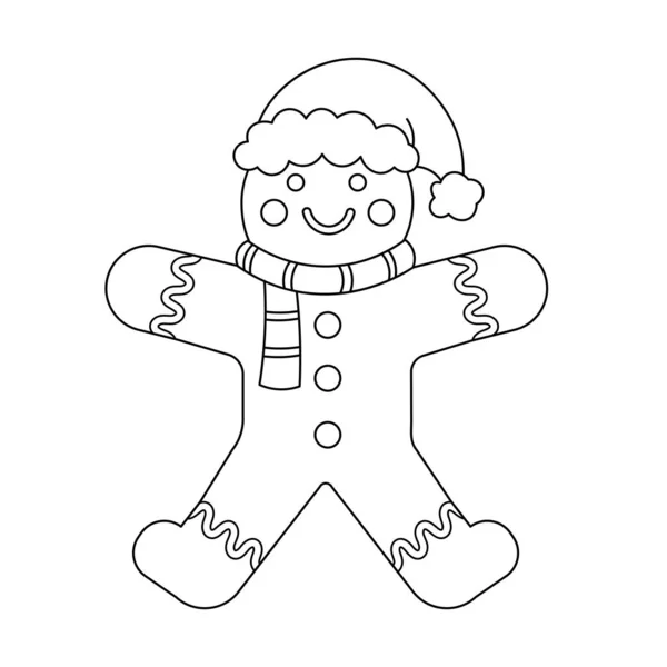 Malseite Eines Niedlichen Cartoon Lebkuchen Einem Weihnachtshut Vektor Schwarz Weiß — Stockvektor