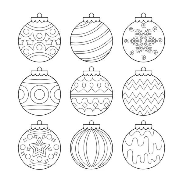 Natale Capodanno Decorazioni Albero Ornamenti Set Palle Colorare Pagina Isolata — Vettoriale Stock