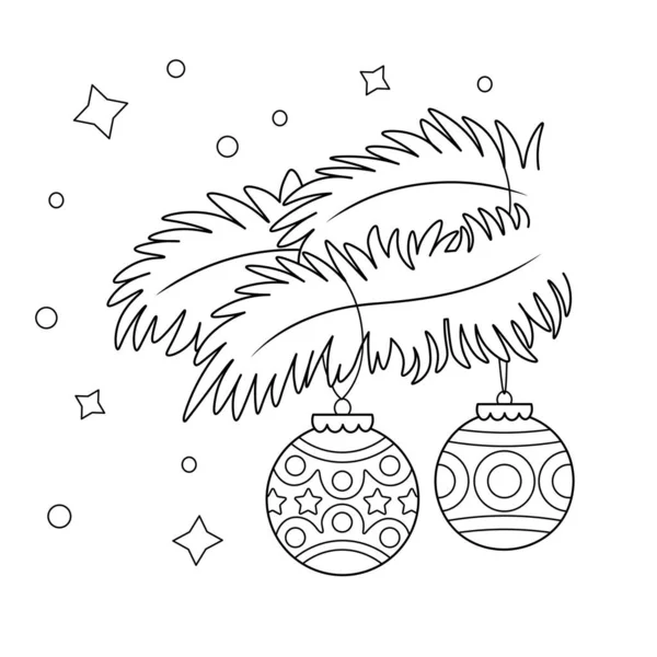 圣诞树装饰和装饰品的彩色页 冷杉树枝 儿童彩色书 — 图库矢量图片