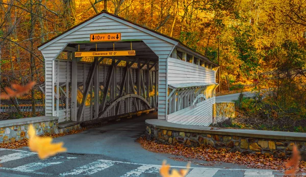 Sonbaharda Valley Forge Ulusal Parkı 'ndaki Knox Köprüsü' nde Yapraklar Görüntüye Düşüyor