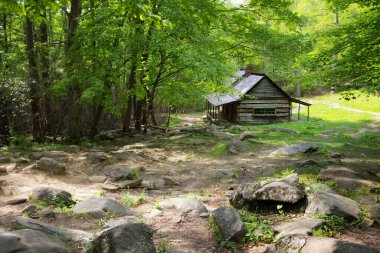 Tarihi Dumanlı Dağ Kütük Kulübesi. Gatlinburg, Tennessee 'deki Büyük Smoky Dağları Ulusal Parkı' ndaki Kükreyen Çatal Motor Doğa Yolu 'ndaki Ogle kulübesi ve çiftlik evi..