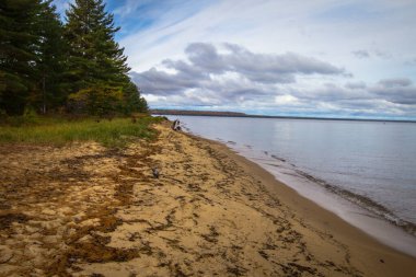 Uzak Wilderness Sahili. Michigan 'ın Yukarı Yarımadası' ndaki Whitefish Körfezi Sahili 'ndeki Superior Gölü kıyısında güneşli bir yaz gününde ücra bir kumsal. The Byway, Hiawatha Ulusal Ormanı 'nda Büyük Göl kıyısında yer alır.