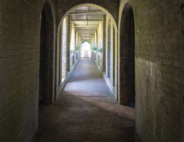 Myrtle Beach, South Carolina, USA - February 24, 2021: Hallway in the famous historic landmark Atalaya Castle at Huntington State Park in South Carolina.