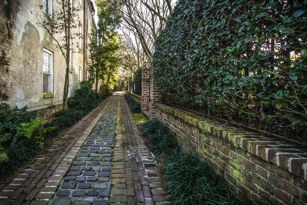 Narrow Brick Lined Historic Alley Way Downtown Charleston South Carolina Stock Photo