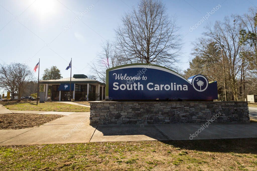Landrum, South Carolina, USA - February 20. 2021: Exterior of the state of South Carolina Welcome and Visitors Center located on eastbound Interstate 26.