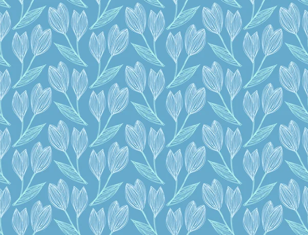 Seamless pattern of freehand drawing and hatched snowdrops on a dark blue. Vector Eps10. — Stock Vector