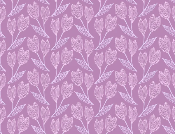 Seamless pattern of freehand drawing and hatched snowdrops on a lilac. Vector Eps10. — Stock Vector