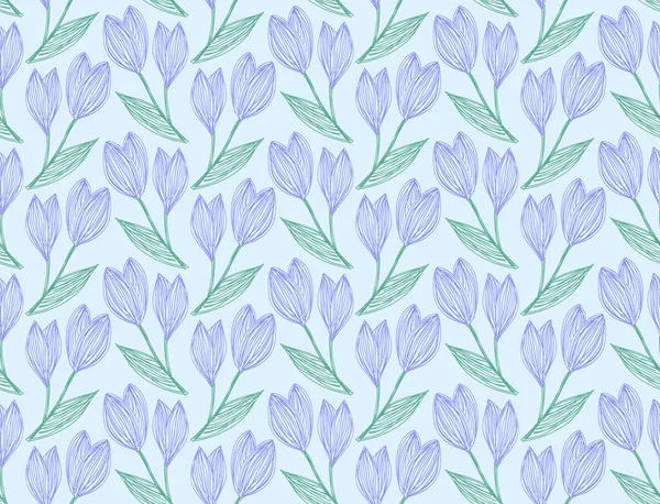 Seamless pattern of freehand drawing and hatched snowdrops on a light blue. Vector Eps10. — Stock Vector