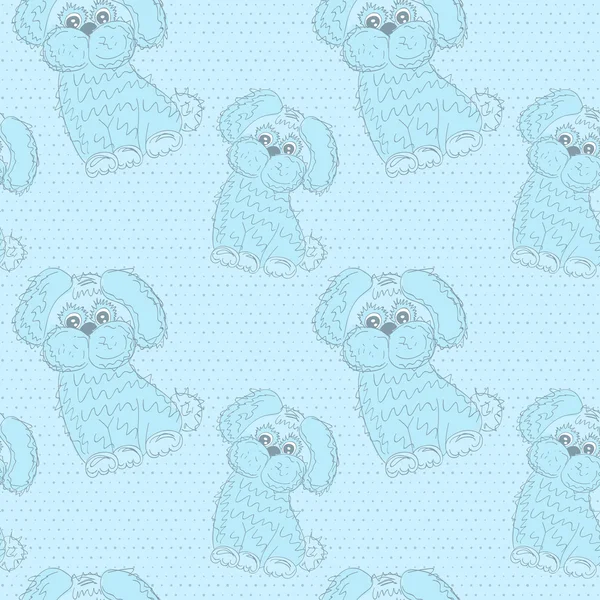 Patrón sin costuras vectorial con cachorros de dibujos animados en tonos azules sobre un fondo de puntos. Eps 10 . — Vector de stock