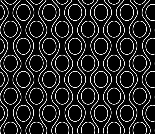 Vector abstract seamless black and white pattern of wavy lines and circles on a black background. Eps 10. — Stock Vector