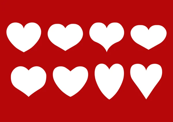 Векторный набор изолированных белых сердец различной формы на красном фоне. Eps 10 . — стоковый вектор