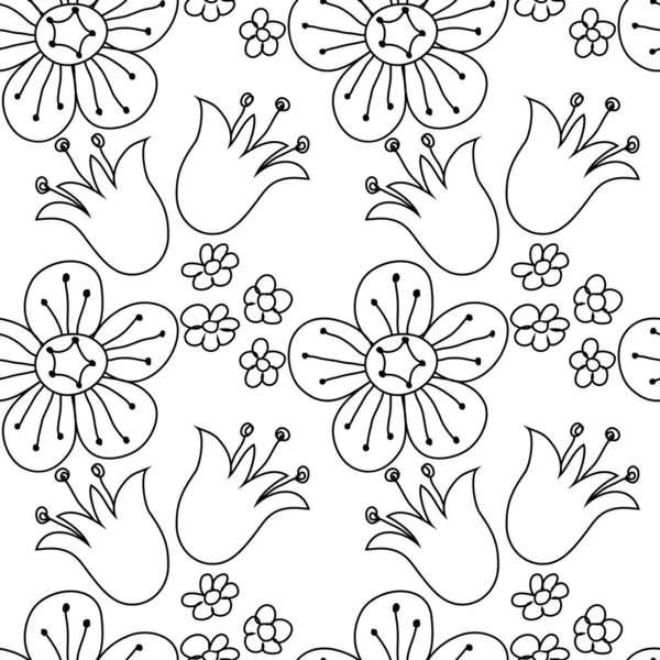 Contorno Patrón Floral Sin Costuras Diferentes Flores Sobre Fondo Blanco — Vector de stock