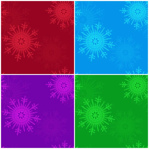 Set vettoriale di motivi natalizi senza soluzione di continuità con fiocchi di neve nei colori rosso, viola, blu e verde. Passi vettoriali 10 . — Vettoriale Stock