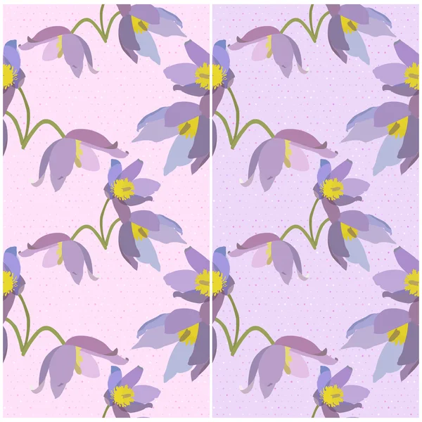 Set of seamless patterns with primroses on a pink and violet backgrounds. Vector eps 10. — Stock Vector