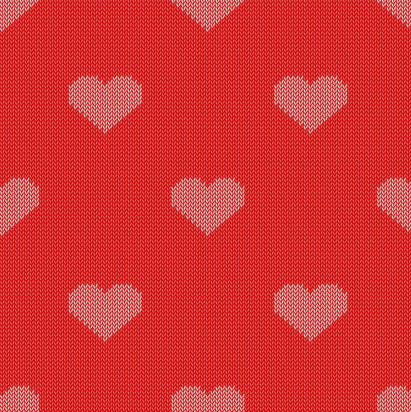Knitted seamless pattern with white hearts on a red background. Vector eps 10. — Stock Vector