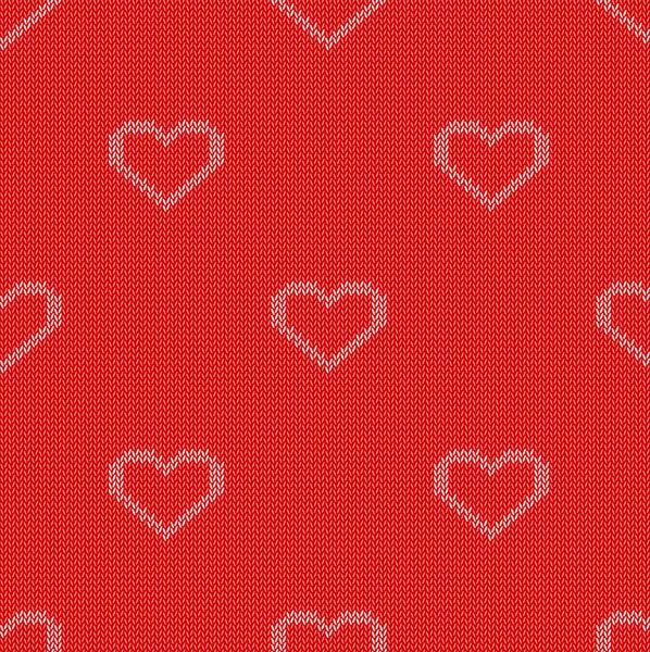 Knitted seamless pattern with white contours of hearts on a red background. Vector eps 10. — Stock Vector