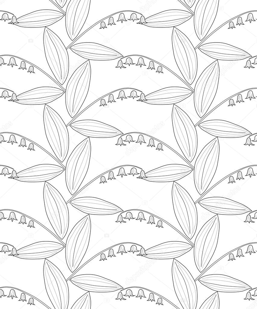Seamless black and white pencil pattern with lilies of the valley on a white background. Vector eps 10.