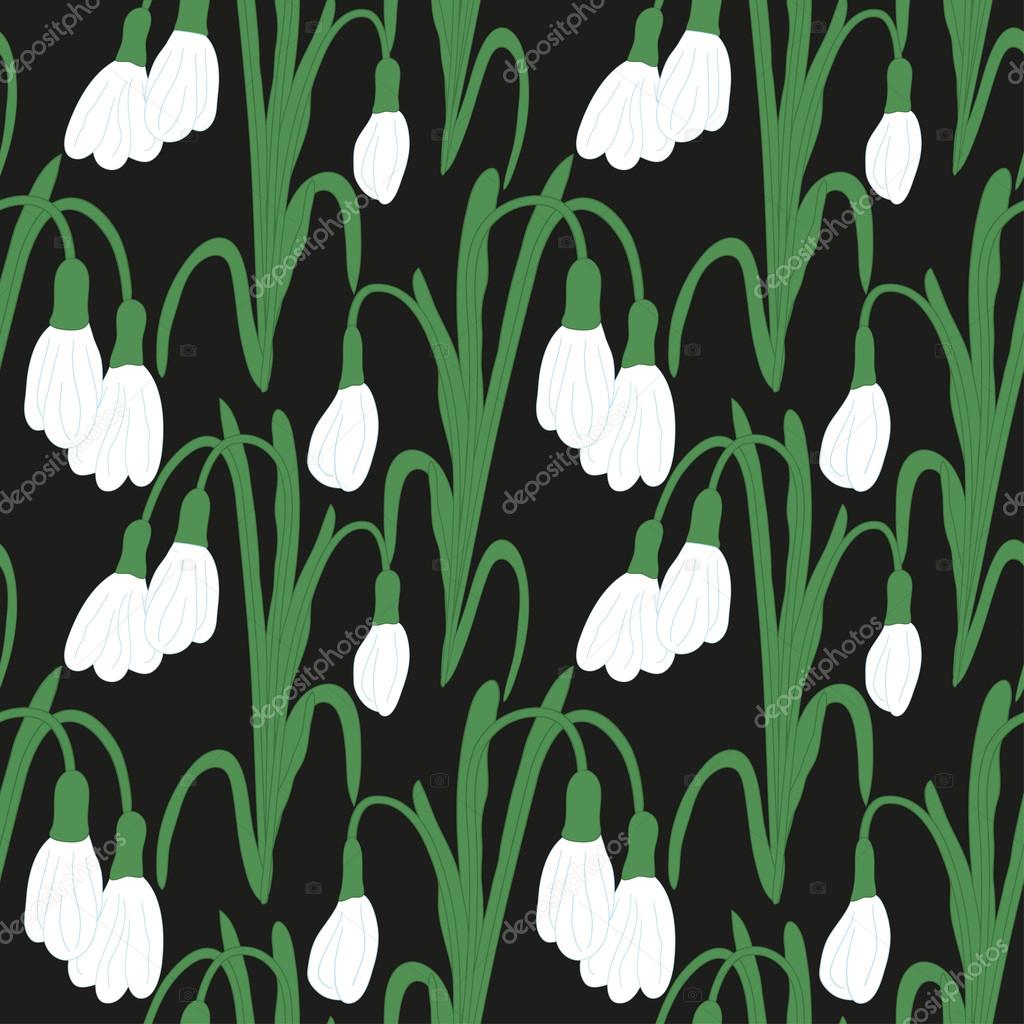 Seamless colored pattern with white snowdrops on a black background. Vector eps 10.