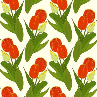 Lale soluk sarı bir arka plan üzerinde renkli demetleri ile vektör çiçek seamless modeli. EPS 10.