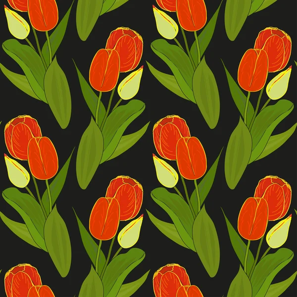 Vector floral seamless pattern with colorful bouquets of tulips on a black background. Eps 10. — Stock Vector