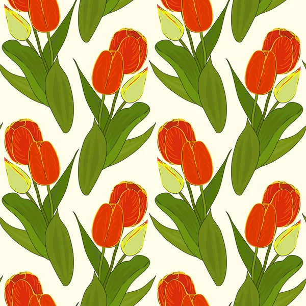 Vector floral seamless pattern with colorful bouquets of tulips on a pale yellow background. Eps 10.