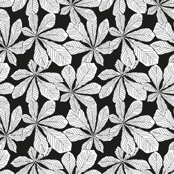 Seamless graphic black and white pattern of the leaves of chestnut on a black background, Vector eps 10. — Stock Vector