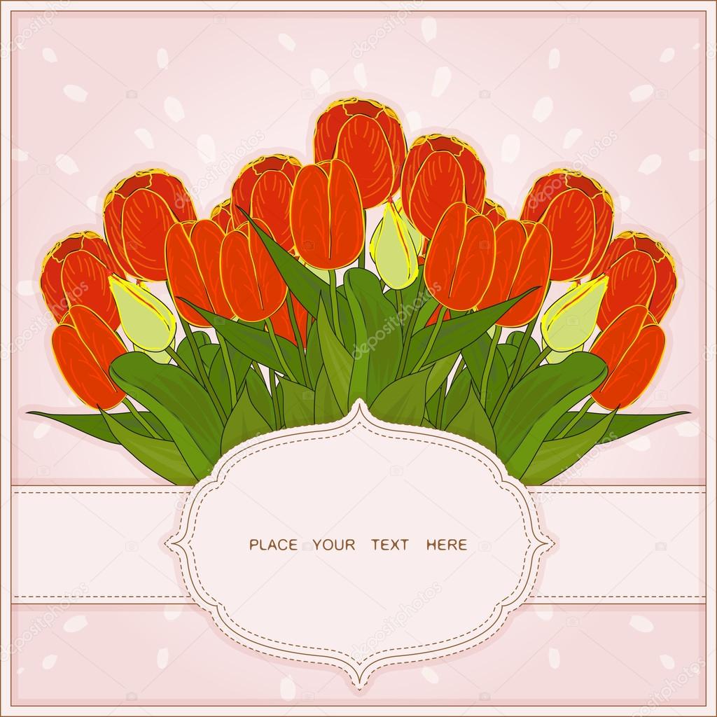 Greeting card with a bouquet of tulips on abstract beige background with place for your text. Vector eps 10.