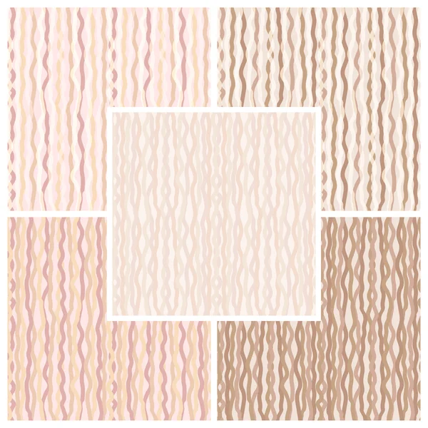 Set of abstract seamless textures of wavy lines in beige, brown, orange and red colors. Vector eps 10. — Stock Vector