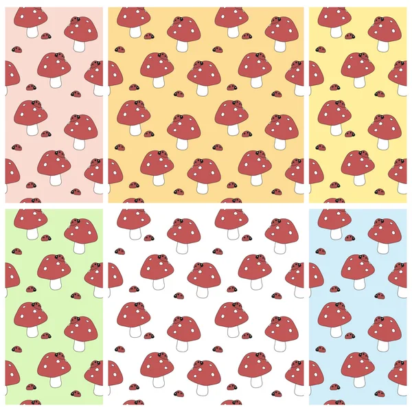 Conjunto de padrões sem costura do bebê com amanitas e joaninhas em fundos de cores diferentes. Vetor eps 10 . — Vetor de Stock