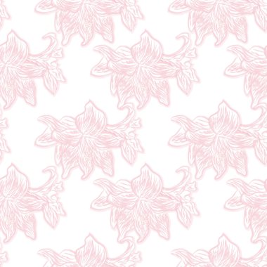 Soluk pembe lilyum beyaz bir arka planda kesintisiz çiçek deseni. Vektör eps 10.