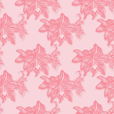 Pembe bir arka plan üzerinde kırmızı lilyum parlak sorunsuz çiçek deseni. Vektör eps 10.