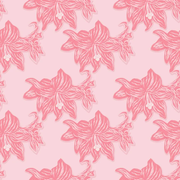 明亮的粉红的底色上的红百合无缝花卉图案。矢量 eps 10. — 图库矢量图片