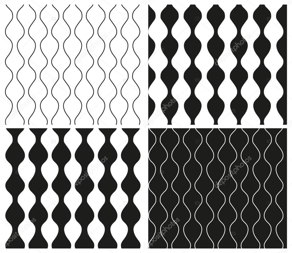 Set of abstract seamless black and white patterns with wavy lines and wavy stripes. Vector eps 10.