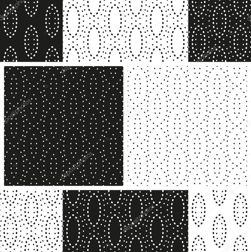 Set of abstract dotty seamless patterns in black and white. Vector eps10.