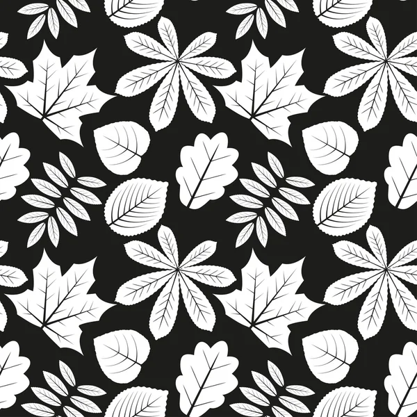 Vector seamless pattern with outline leaves of different trees on a black background. Eps 10. — Stock Vector