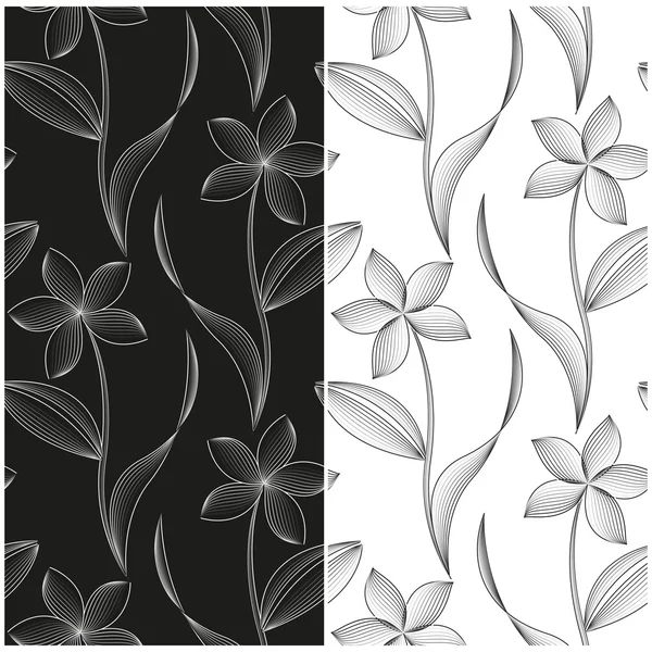 Vector set of seamless patterns with abstract flowers of the lines in white, black and grayscale. — Stok Vektör