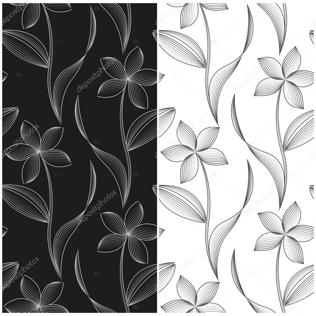 Vector set of seamless patterns with abstract flowers of the lines in white, black and grayscale.