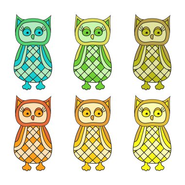 Vektör karikatür baykuşlar farklı renklerde, beyaz bir arka plan üzerinde ayarlayın. EPS 10.