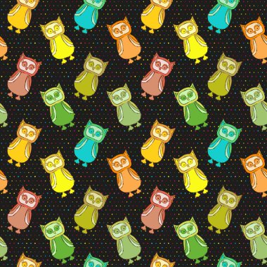 Vektör dotty rengarenk siyah arka plan üzerinde renkli karikatür baykuşlar ile seamless modeli. EPS 10.